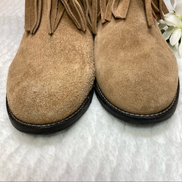 Divided H&M Fringed Ankle Bootie Buckle Genuine Leather Light Brown - Picture 6 of 8